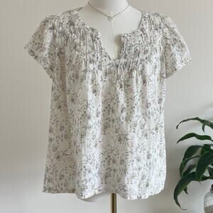 Lucky Brand Floral Boho Peasant Flowy Blouse White 100% Cotton Size Small